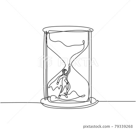 Continuous one line drawing young Arab male worker with wing flying to get out from hourglass. Minimalism metaphor business deadline concept. Single line draw design vector graphic illustration. Continuous one line drawing young Arab male worker with wing flying to get out from hourglass. Minimalism metaphor business deadline concept. Single line draw design vector graphic illustration. 79339268