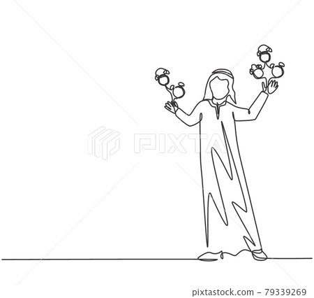 Continuous one line drawing young Arab male worker juggling alarm analog clock with his hand. Business time discipline metaphor concept. Single line draw design vector graphic illustration. Continuous one line drawing young Arab male worker juggling alarm analog clock with his hand. Business time discipline metaphor concept. Single line draw design vector graphic illustration. 79339269