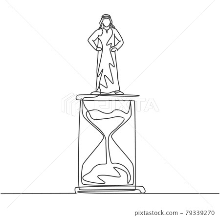 Single continuous line drawing young Arab business man standing above hourglass. Sandglass to show time management business minimalist concept. Dynamic one line draw graphic design vector illustration Single continuous line drawing young Arab business man standing above hourglass. Sandglass to show time management business minimalist concept. Dynamic one line draw graphic design vector illustration 79339270