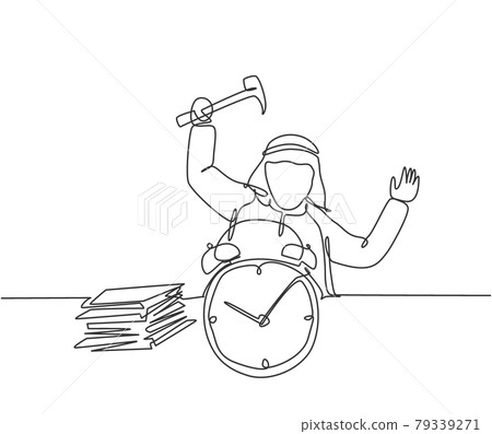 Single one line drawing of young stressful Arabian businessman hit the alarm clock with hammer. Business challenge metaphor concept. Modern continuous line draw design graphic vector illustration. Single one line drawing of young stressful Arabian businessman hit the alarm clock with hammer. Business challenge metaphor concept. Modern continuous line draw design graphic vector illustration. 79339271