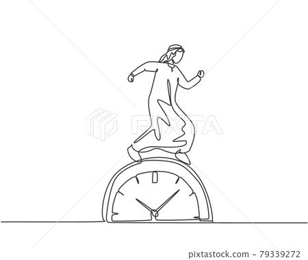 Continuous one line drawing young Arab male worker walking on the big analog clock. Minimalism metaphor business deadline concept. Single line draw design vector graphic illustration. Continuous one line drawing young Arab male worker walking on the big analog clock. Minimalism metaphor business deadline concept. Single line draw design vector graphic illustration. 79339272