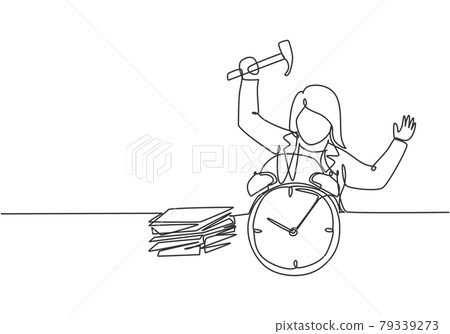 Continuous one line drawing stressful business woman hit the alarm clock with hammer. Minimalism metaphor business deadline concept. Single line draw design vector graphic illustration. Continuous one line drawing stressful business woman hit the alarm clock with hammer. Minimalism metaphor business deadline concept. Single line draw design vector graphic illustration. 79339273