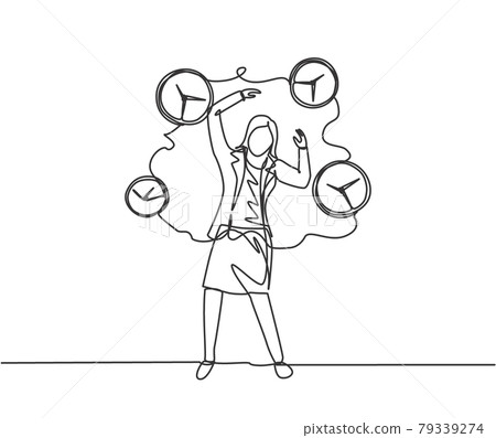 Single continuous line drawing stressful business woman surrounded by flying analog clocks. Minimalism metaphor business deadline concept. Dynamic one line draw graphic design vector illustration. Single continuous line drawing stressful business woman surrounded by flying analog clocks. Minimalism metaphor business deadline concept. Dynamic one line draw graphic design vector illustration. 79339274