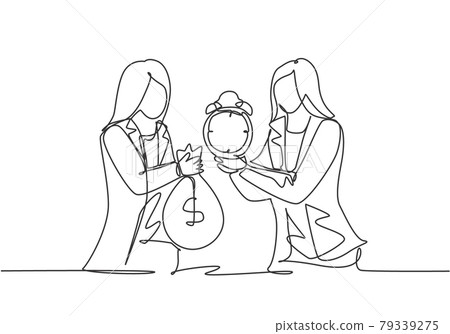 Single continuous line drawing two young business woman exchange money bag and analog alarm clock. Professional manager. Minimalism metaphor concept. One line draw graphic design vector illustration. Single continuous line drawing two young business woman exchange money bag and analog alarm clock. Professional manager. Minimalism metaphor concept. One line draw graphic design vector illustration. 79339275