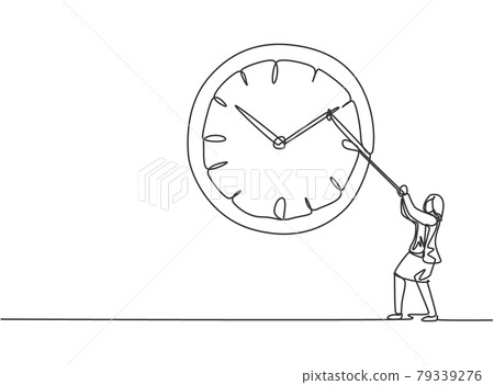 Single one line drawing of young business woman pulling clockwise of big analog wall clock with rope. Time management minimalist concept. Continuous line draw design graphic vector illustration. Single one line drawing of young business woman pulling clockwise of big analog wall clock with rope. Time management minimalist concept. Continuous line draw design graphic vector illustration. 79339276