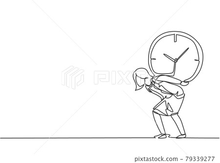 Single one line drawing of young business woman shouldered heavy big analog clock with her back. Business challenge minimal metaphor concept. Continuous line draw design graphic vector illustration. Single one line drawing of young business woman shouldered heavy big analog clock with her back. Business challenge minimal metaphor concept. Continuous line draw design graphic vector illustration. 79339277