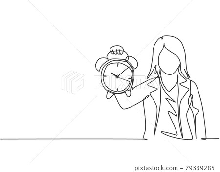 Single one line drawing of young business woman holding analog alarm clock with her hand. Time management business minimalist concept. Modern continuous line draw design graphic vector illustration. 79339285