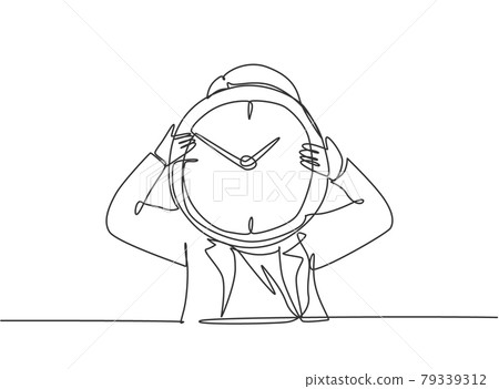 Continuous one line drawing young woman worker holding analog clock head at the office. Time management business discipline metaphor concept. Single line draw design vector graphic illustration. Continuous one line drawing young woman worker holding analog clock head at the office. Time management business discipline metaphor concept. Single line draw design vector graphic illustration. 79339312