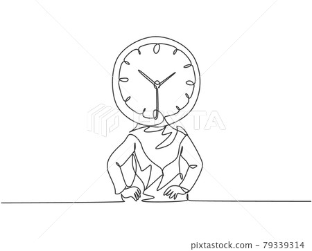 Single continuous line drawing young Arab business woman with analog clock head at the office. Business time discipline metaphor concept. Dynamic one line draw graphic design vector illustration. Single continuous line drawing young Arab business woman with analog clock head at the office. Business time discipline metaphor concept. Dynamic one line draw graphic design vector illustration. 79339314