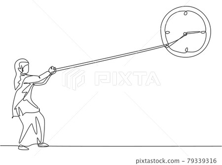 Continuous one line drawing young Arab female worker pulling clockwise of big analog wall clock with rope. Time management minimalist concept. Single line draw design vector graphic illustration. 79339316