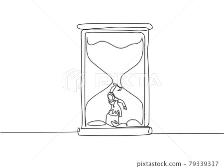Single continuous line drawing young Arab business woman digging treasure inside hourglass. Getting a new business idea minimalist concept. Dynamic one line draw graphic design vector illustration. Single continuous line drawing young Arab business woman digging treasure inside hourglass. Getting a new business idea minimalist concept. Dynamic one line draw graphic design vector illustration. 79339317