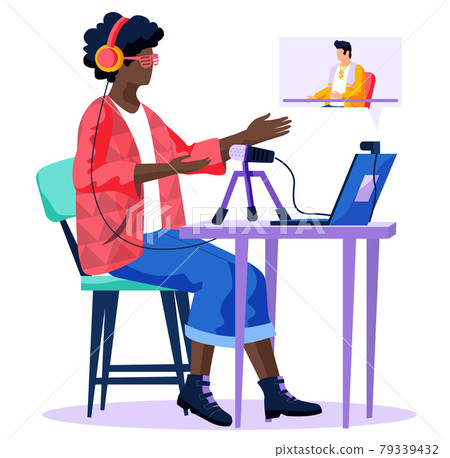 Woman with computer is watching broadcast, recording voice into microphone in radio station 79339432