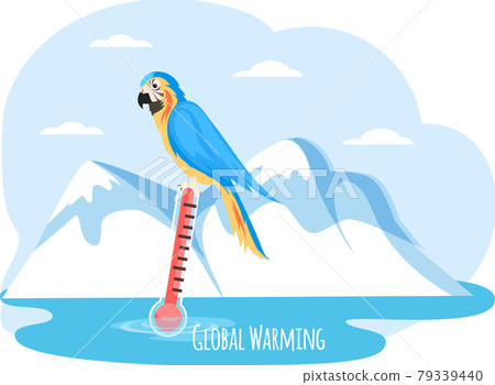 Melting glaciers due to global warming. Parrot from hot climate sits in an Antarctic cold landscape 79339440