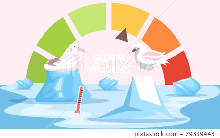 Polar birds are sitting on icebergs during global warming. Earth temperature rise indicator Polar birds are sitting on icebergs during global warming. Earth temperature rise indicator 79339443