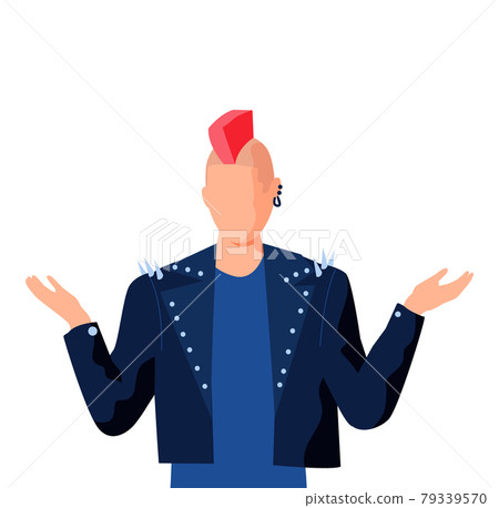 Professional rock performer with red mohawk. Musician in leather jacket spreads his arms to sides Professional rock performer with red mohawk. Musician in leather jacket spreads his arms to sides 79339570