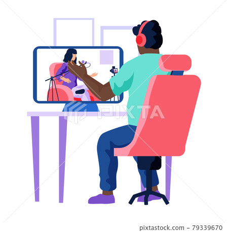 Radio presenter is watching podcast, broadcasting in media. Man working with live recording Radio presenter is watching podcast, broadcasting in media. Man working with live recording 79339670