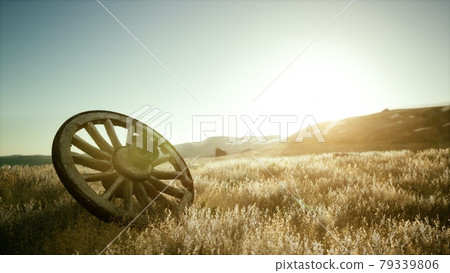 Old wooden wheel on the hill at sunset Old wooden wheel on the hill at sunset 79339806