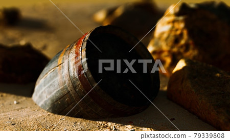 old wooden barrel at sand beach old wooden barrel at sand beach 79339808