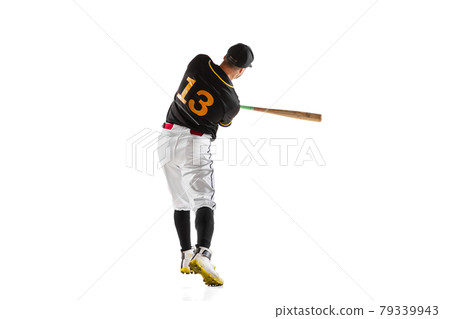 Baseball player, pitcher in a black white sports uniform practicing isolated on a white studio background. Back view 79339943
