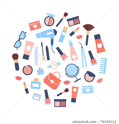 Flat beauty products circle concept. Woman accessories icons on white background. Girl treatment nature cosmetics skin care bottle lipstick brush glasses collection. Minimal design vector illustration 79340212
