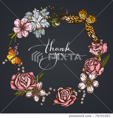 Dark Floral Wreath of shepherd s purse, heather, iris japonica, sakura, gypsophila, almond, african 79341897