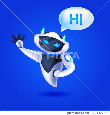 cute robot cyborg with hi speech chat bubble communication chatbot customer service artificial intelligence technology 79342266