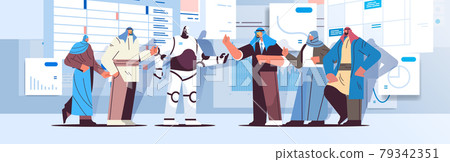 robot with arab businesspeople analyzing statistics graphs and charts financial data analyzing artificial intelligence 79342351