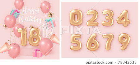 Elegant girlsih pink ballon Happy Birthday celebration present gift box party popper and set of golden numer text Elegant girlsih pink ballon Happy Birthday celebration present gift box party popper and set of golden numer text 79342533