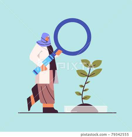arab scientist working with magnifying glass woman researcher making chemical experiment in laboratory 79342555