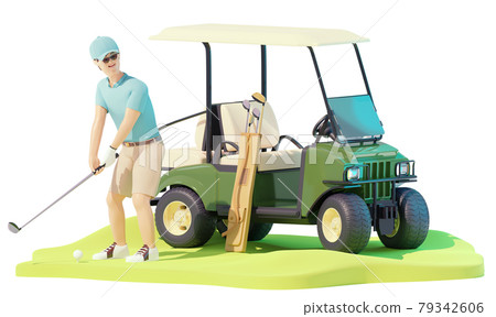 Golfer playing on golf course with golf cart 79342606