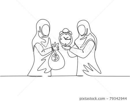 Single continuous line drawing two young Arab business woman exchange money bag and analog alarm clock. Minimalism metaphor business concept. Dynamic one line draw graphic design vector illustration. Single continuous line drawing two young Arab business woman exchange money bag and analog alarm clock. Minimalism metaphor business concept. Dynamic one line draw graphic design vector illustration. 79342944