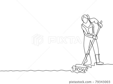 Single continuous line drawing young female farmer leveling the ground using a rake. Start a new planting season. Farming minimalism concept. Dynamic one line draw graphic design vector illustration. Single continuous line drawing young female farmer leveling the ground using a rake. Start a new planting season. Farming minimalism concept. Dynamic one line draw graphic design vector illustration. 79343003