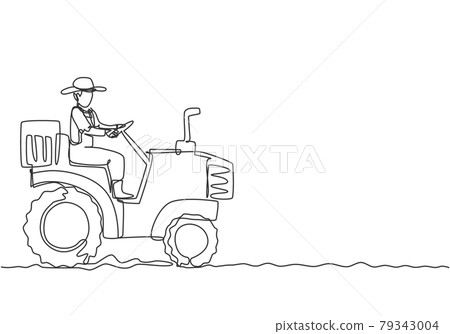 Single continuous line drawing young male farmer drive a tractor to plow the fields. Start a new planting period. Farming minimalism concept. Dynamic one line draw graphic design vector illustration. Single continuous line drawing young male farmer drive a tractor to plow the fields. Start a new planting period. Farming minimalism concept. Dynamic one line draw graphic design vector illustration. 79343004