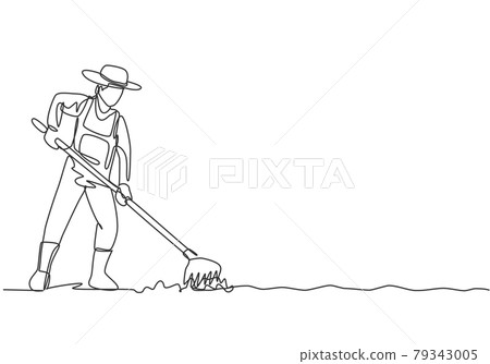 Continuous one line drawing young male farmer leveling the ground using a rake. Start a new planting season. Successful farming minimalist concept. Single line draw design vector graphic illustration. Continuous one line drawing young male farmer leveling the ground using a rake. Start a new planting season. Successful farming minimalist concept. Single line draw design vector graphic illustration. 79343005