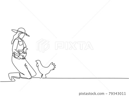 Continuous one line drawing young female farmer knelt down to pick up the chicken. To return to the coop. Successful farming minimalist concept. Single line draw design vector graphic illustration. 79343011