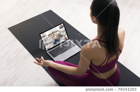 Online Yoga Lesson. Young Fit Woman Training With Laptop At Home 79343203