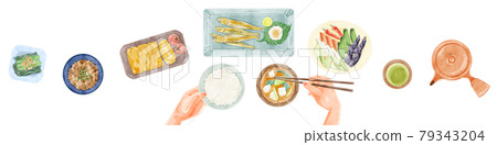 日式早餐(日本料理)手繪水彩風格插畫 日式早餐(日本料理)手繪水彩風格插畫 79343204