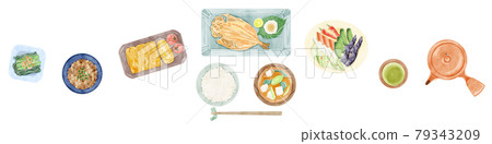 日式早餐（日本料理）手繪水彩風格插畫 79343209