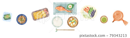日式早餐（日本料理）手繪水彩風格插畫 79343213