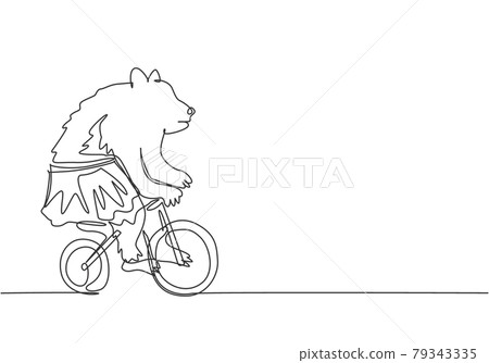 Continuous one line drawing a trained brown bear playing a bicycle around the track in the circus arena. Audience was amazed by the bear's performance. One line draw design vector graphic illustration 79343335