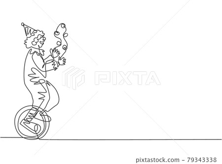 Continuous one line drawing a male clown juggling on a bicycle. The playing clown was very funny and entertained the audience. Circus show event. Single line draw design vector graphic illustration. 79343338