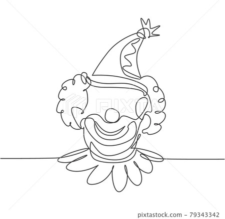 Single one line drawing of the face of a male clown wearing a circus hat with a cheerful smile that is very characteristic. Circus show. Modern continuous line draw design graphic vector illustration. 79343342