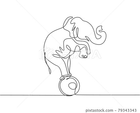 Continuous one line drawing a trained elephant stands on the ball with its forelegs raised. Very good performance and successful circus show. Single line draw design vector graphic illustration. 79343343