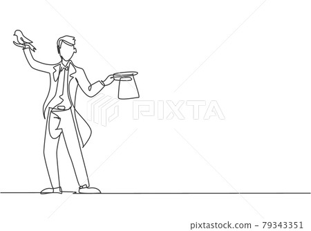 Single continuous line drawing the magician puts on a show by getting a bird out of his magic hat. A very interesting magic show. Dynamic one line draw graphic design vector illustration. 79343351