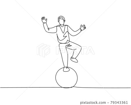 Continuous one line drawing a male acrobat performs a standing stunt with one foot on a circus ball while performing a dance. Interesting for the audience. Single line draw design vector illustration. Continuous one line drawing a male acrobat performs a standing stunt with one foot on a circus ball while performing a dance. Interesting for the audience. Single line draw design vector illustration. 79343361