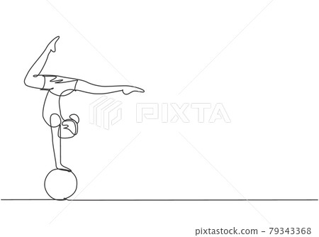 Single one line drawing a female acrobat performs a hand stand on a circus ball while performing a beautiful leg dance. Need dexterity to do it. Continuous line draw design graphic vector illustration Single one line drawing a female acrobat performs a hand stand on a circus ball while performing a beautiful leg dance. Need dexterity to do it. Continuous line draw design graphic vector illustration 79343368