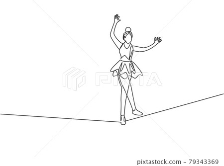 Single one line drawing a female acrobat walking on a rope while dancing and raising her hands. This attraction requires courage and agility. Continuous line draw design graphic vector illustration. 79343369