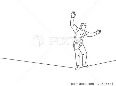 Continuous one line drawing a male acrobat walking on a rope while dancing and raising his hands. This attraction requires courage and agility. Single line draw design vector graphic illustration. Continuous one line drawing a male acrobat walking on a rope while dancing and raising his hands. This attraction requires courage and agility. Single line draw design vector graphic illustration. 79343371