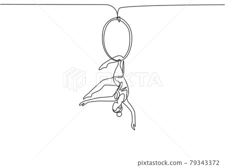 Single one line drawing an acrobatic woman who performs on an aerial hoop while dancing with one leg hanging and her head down. Modern continuous line draw design graphic vector illustration. 79343372