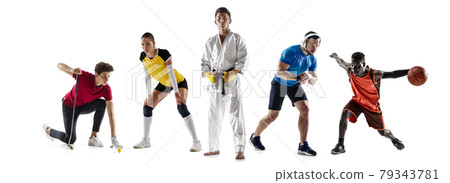 Sport collage. Golf, fitness, volleyball, taekwondo, running, basketball players in motion isolated on white studio background. Sport collage. Golf, fitness, volleyball, taekwondo, running, basketball players in motion isolated on white studio background. 79343781